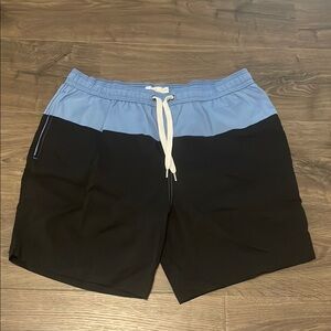 Men’s Onia Blue & Black Lined Swim Shorts with Drawstring, Size Large